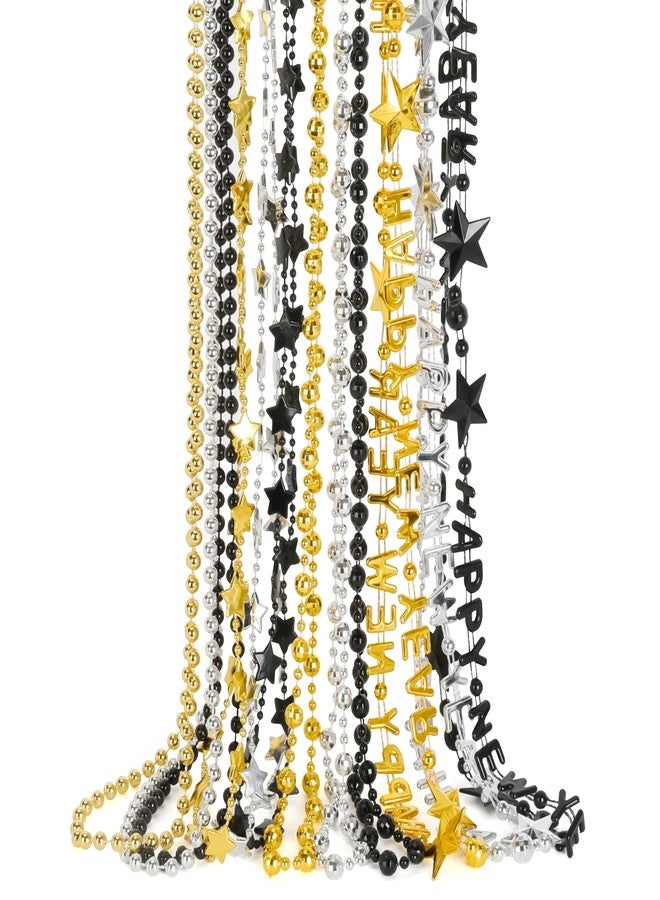 EOBOH 50PCS New Years Eve Necklace, Black Gold Silver Beads Necklaces Party Supplies 2026, 12 Kinds of HAPPY NEW YEAR Star Bead Necklaces Bulk, Beaded Necklace 2026 Accessories for New Years Decor - Image 1